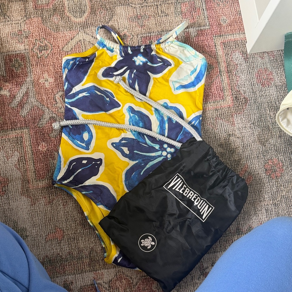 Vilebrequin Yellow and Blue Floral Swimsuit with Black Bag